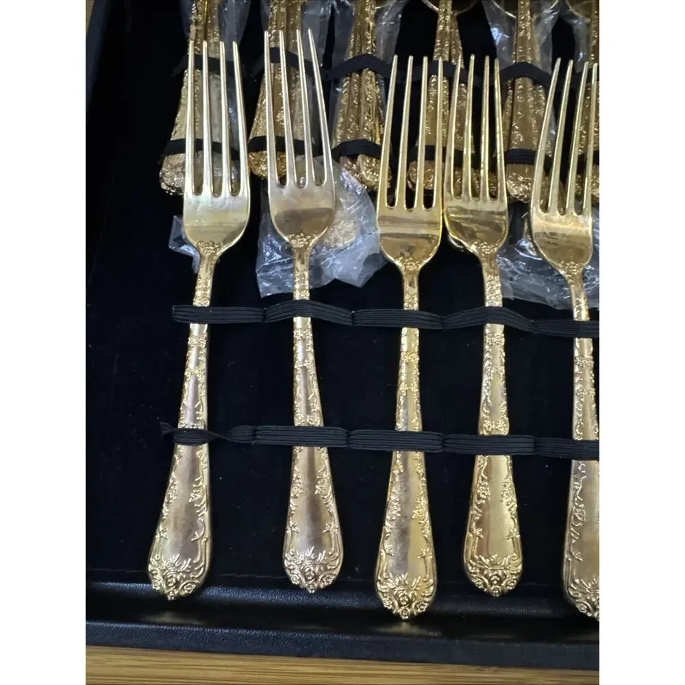WM Rogers Enchanted Rose Gold Plated Flatware Set 63 Pc Service for 12 Case Vtg